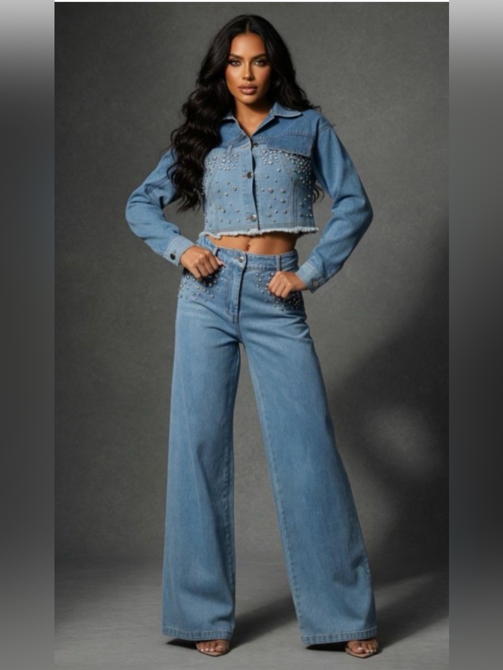 2 PC. Studded Light Blue High-Waist Wide-Leg Jeans with Jacket